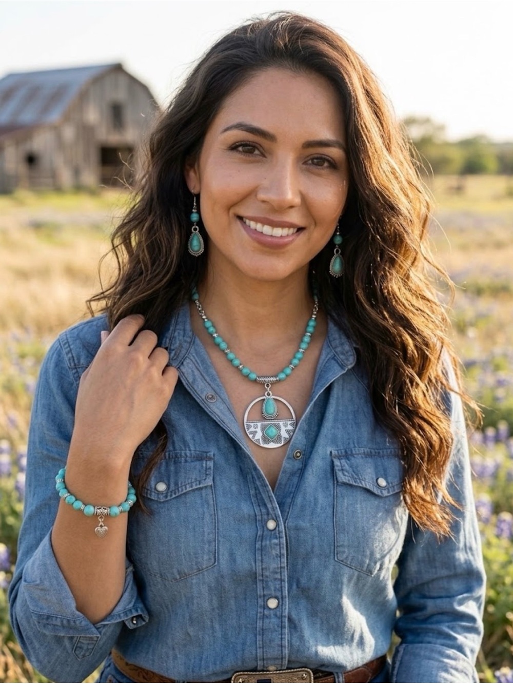 Turquoise & Silver-Toned Pendant Necklace & Earring Set